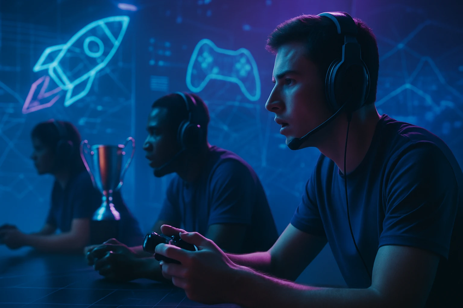 Skupina hráčov sústredene hrá videohru v modernej hernej aréne.