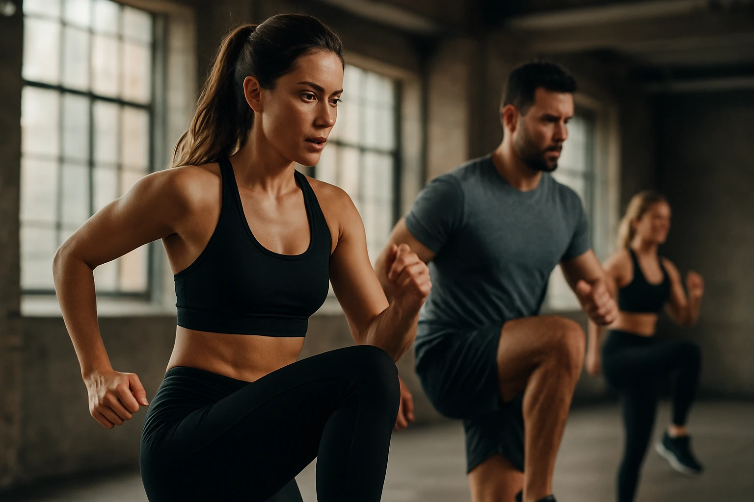 Skupina ľudí cvičí v modernom fitness štúdiu, sústredení na tréning.