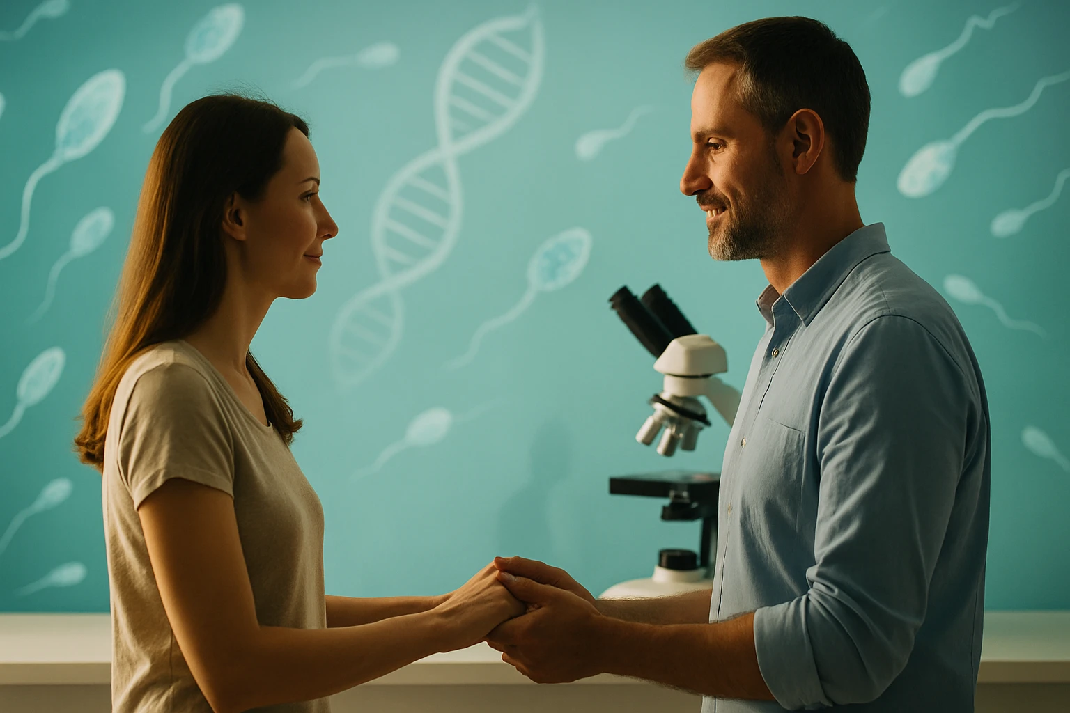Muž a žena sa pozerajú do očí, držia sa za ruky, v pozadí mikroskop.