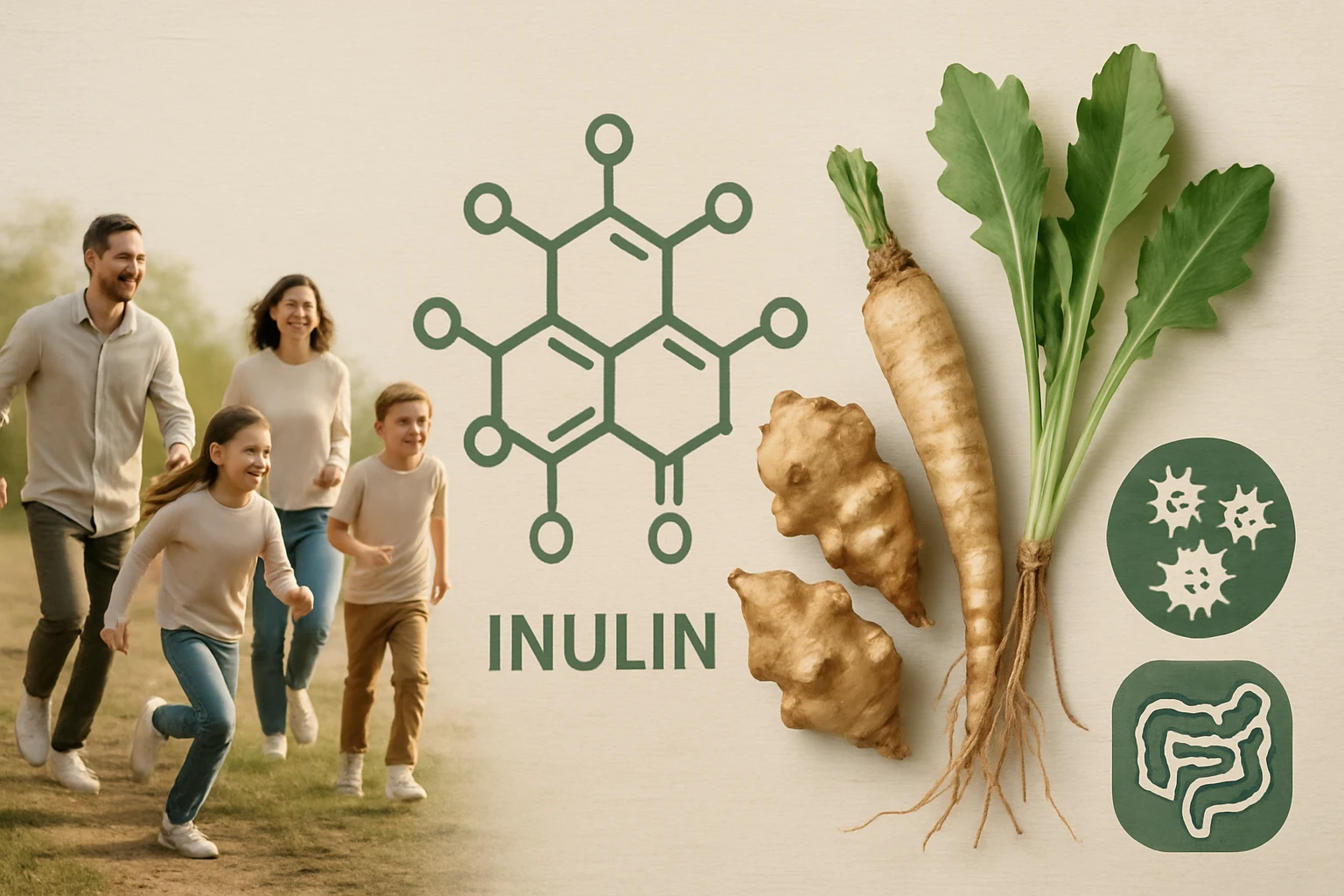 Rodina beží vonku, okolo sú rastliny a symboly inulínu.