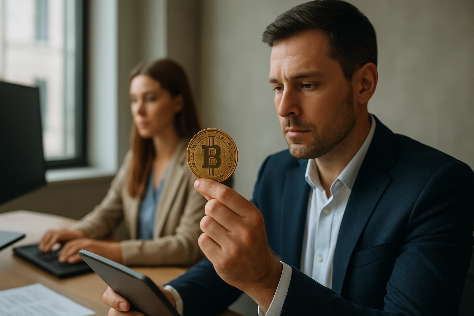Muž v obleku drží zlatú mincu s logom Bitcoinu, zatiaľ čo žena pracuje na počítači.