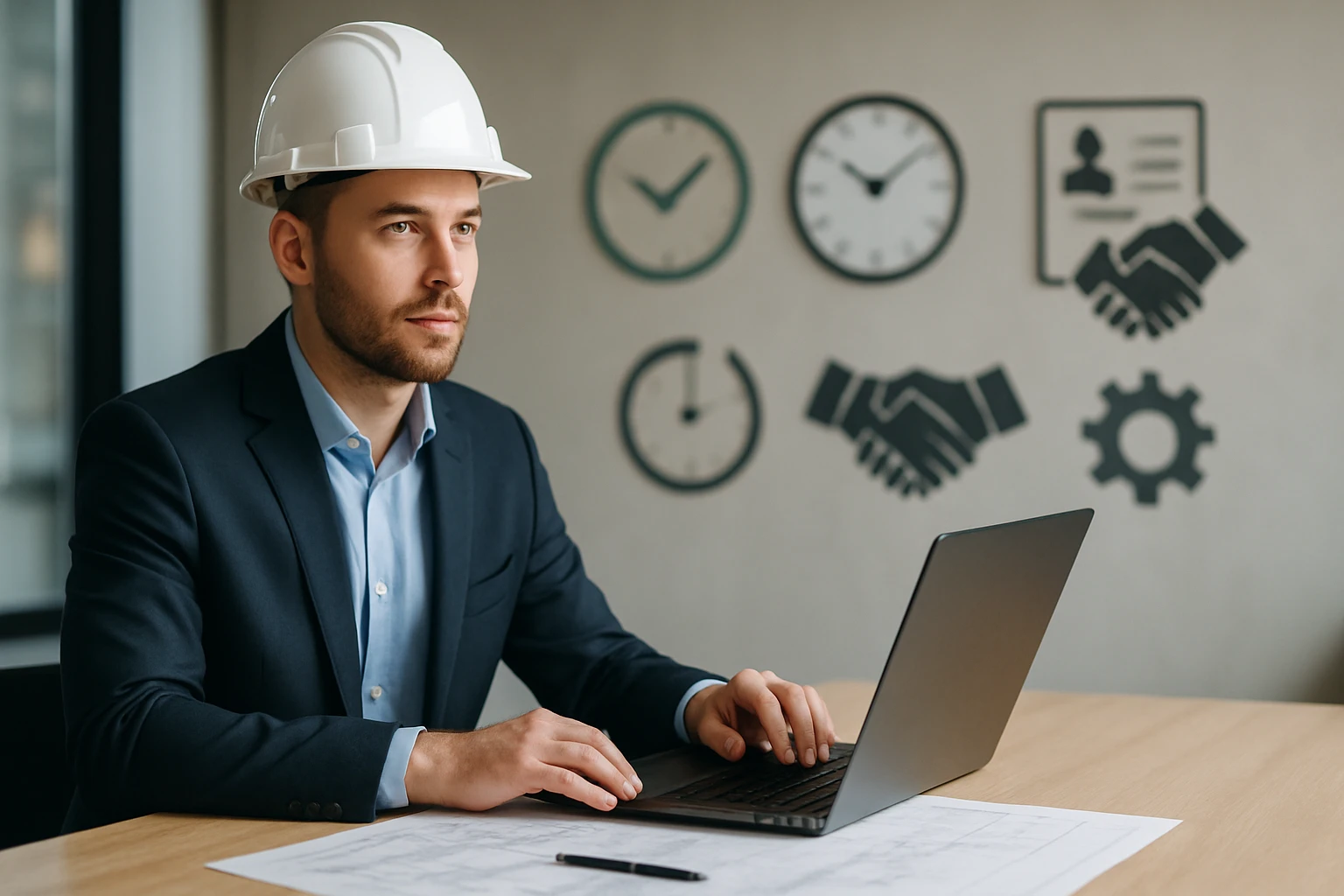 Muž v obleku a ochranné helme pracuje na laptopu pri stole.
