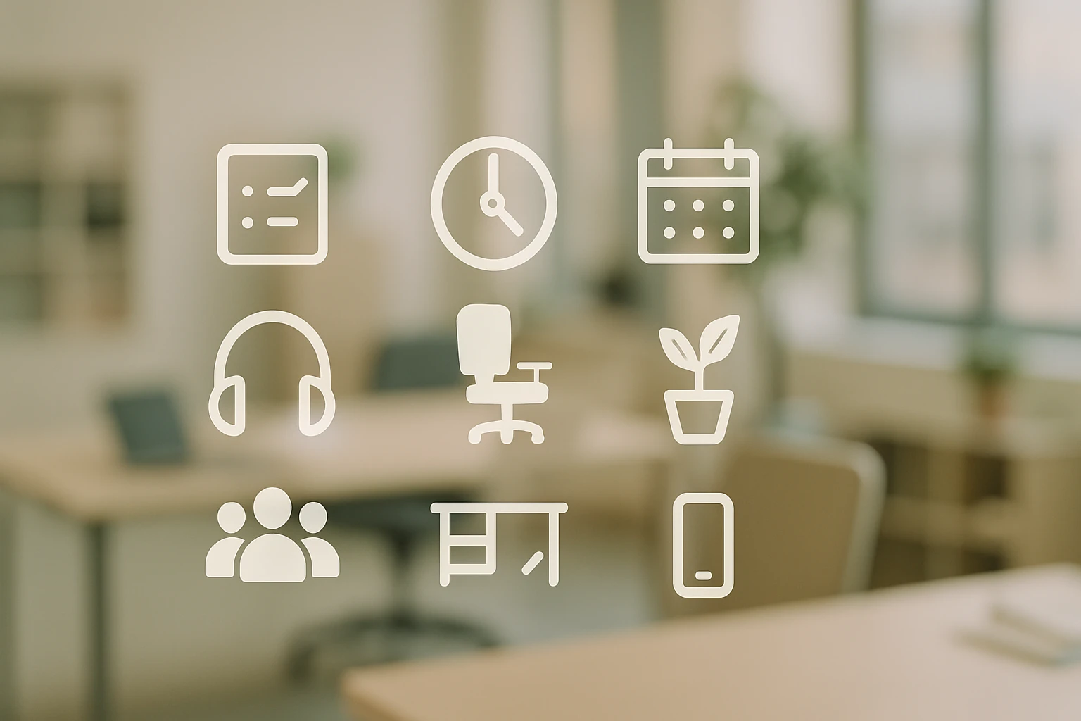 Ikony reprezentujúce rôzne kancelárske aktivity a vybavenie, ako sú plánovanie a komunikácia.