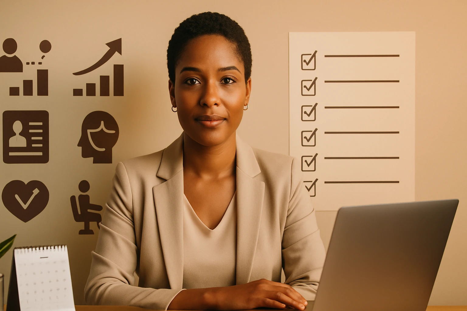 Žena v kancelárii sedí za stolom s laptopom a kontrolným zoznamom na stene.