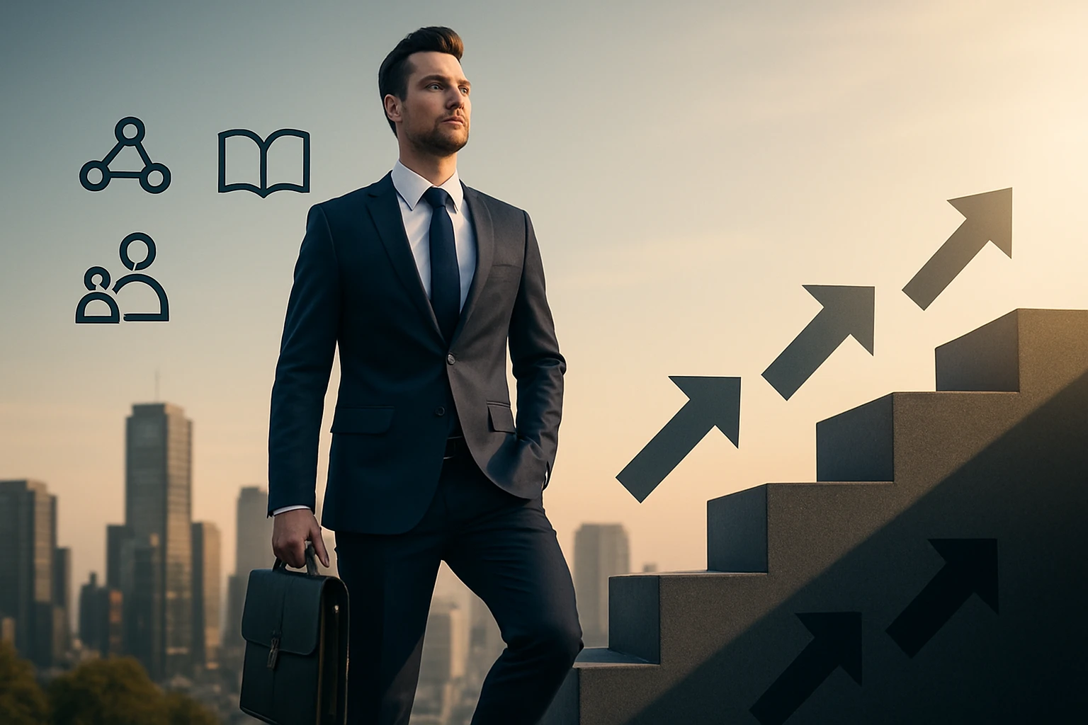 Muž v obleku s aktovkou stojí na schodoch, symbolizujúci kariérny rast.