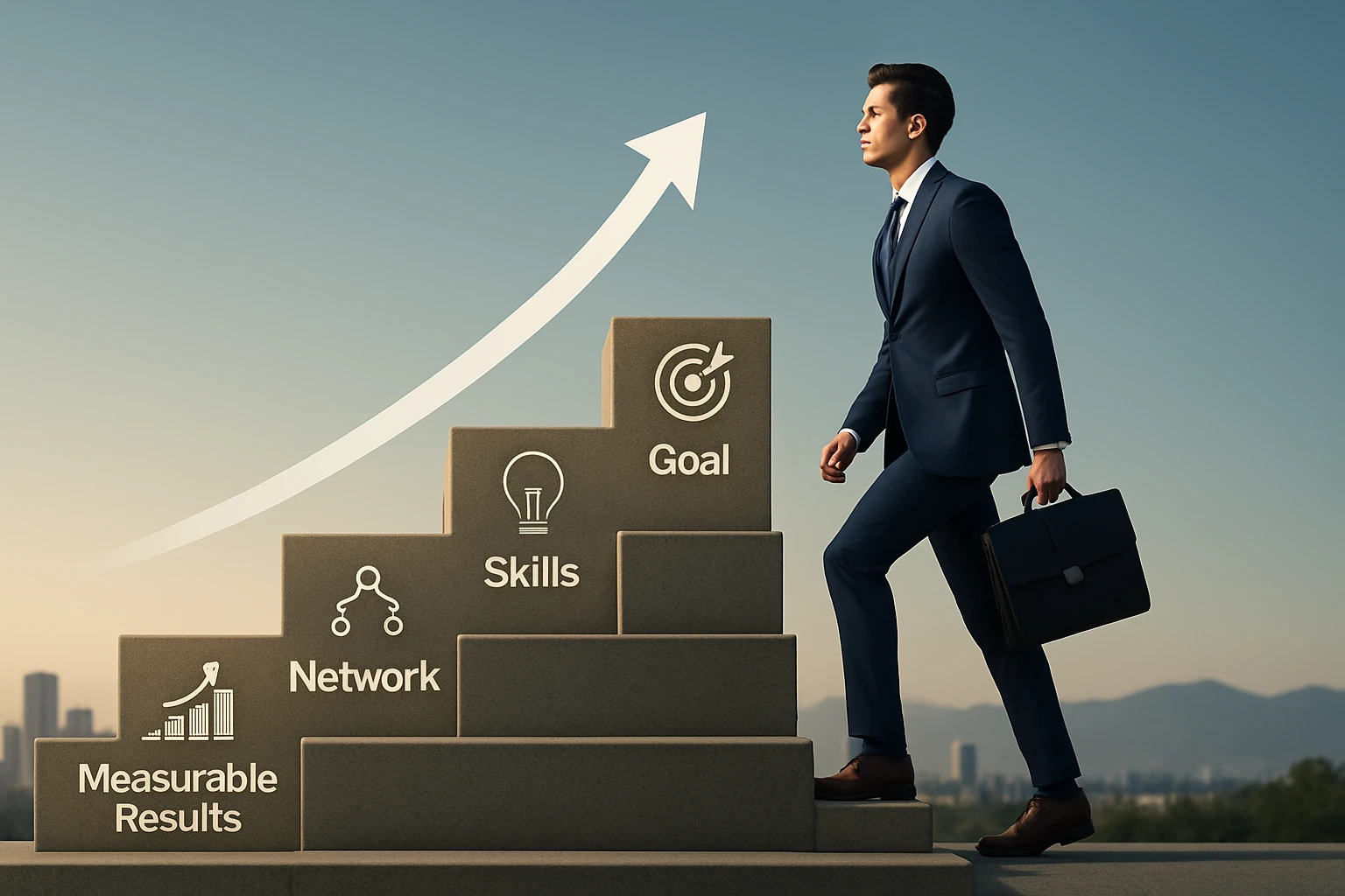 Muž v obleku kráča po schodoch s nápismi zameranými na kariérny rast.