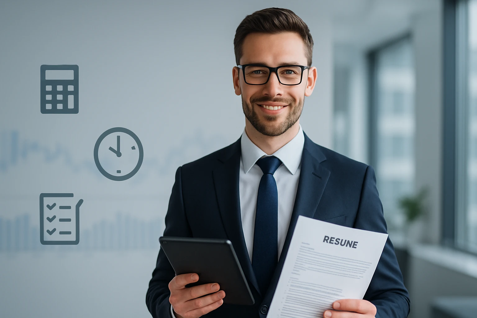 Muž v obleku s tabletom a životopisom v ruke, usmievajúci sa v kancelárii.