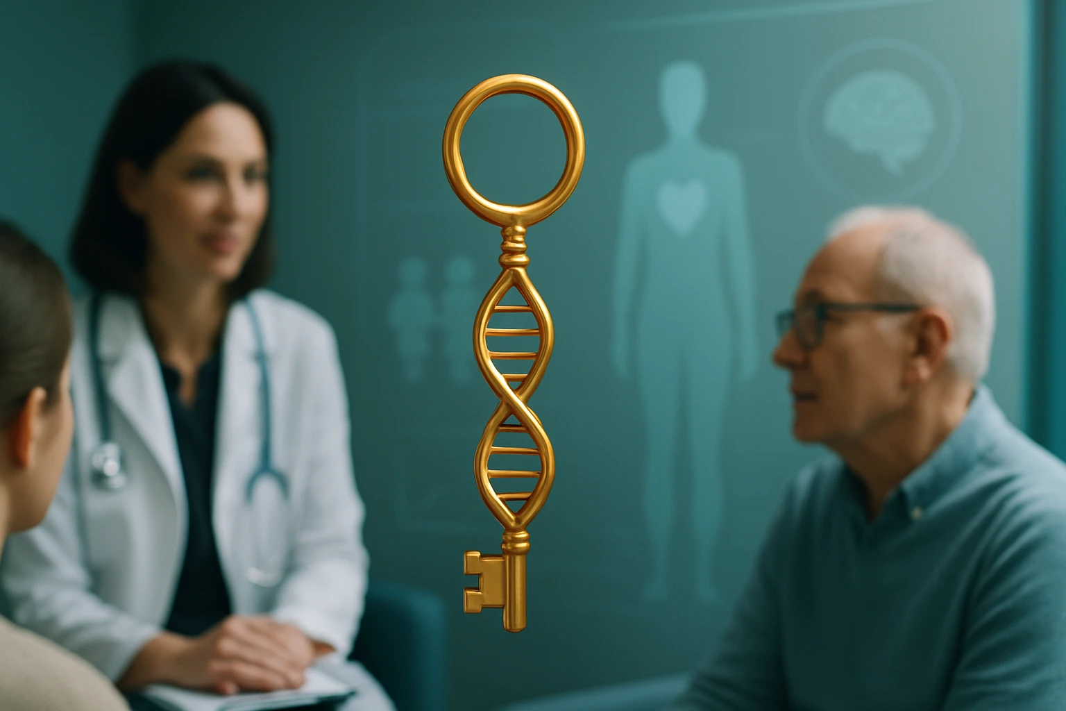 Zlatý kľúč v tvare DNA visí pred lekárom a pacientom v ordinácii.