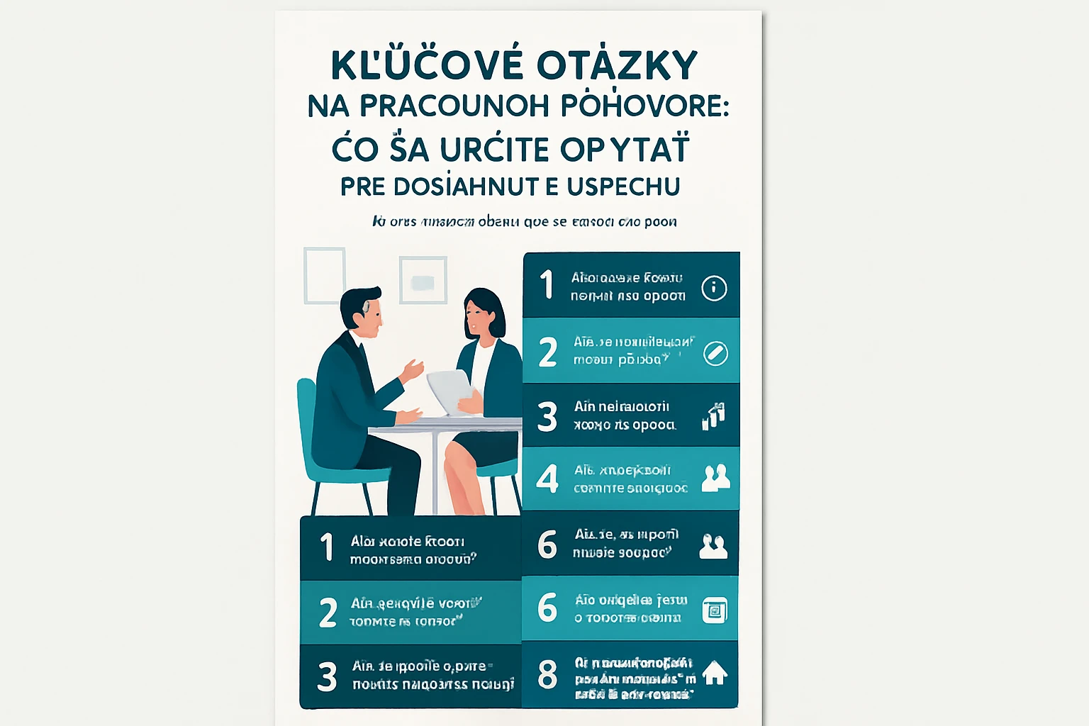 Ilustrácia dvoch ľudí na pracovnom pohovore, diskutujúcich nad otázkami.