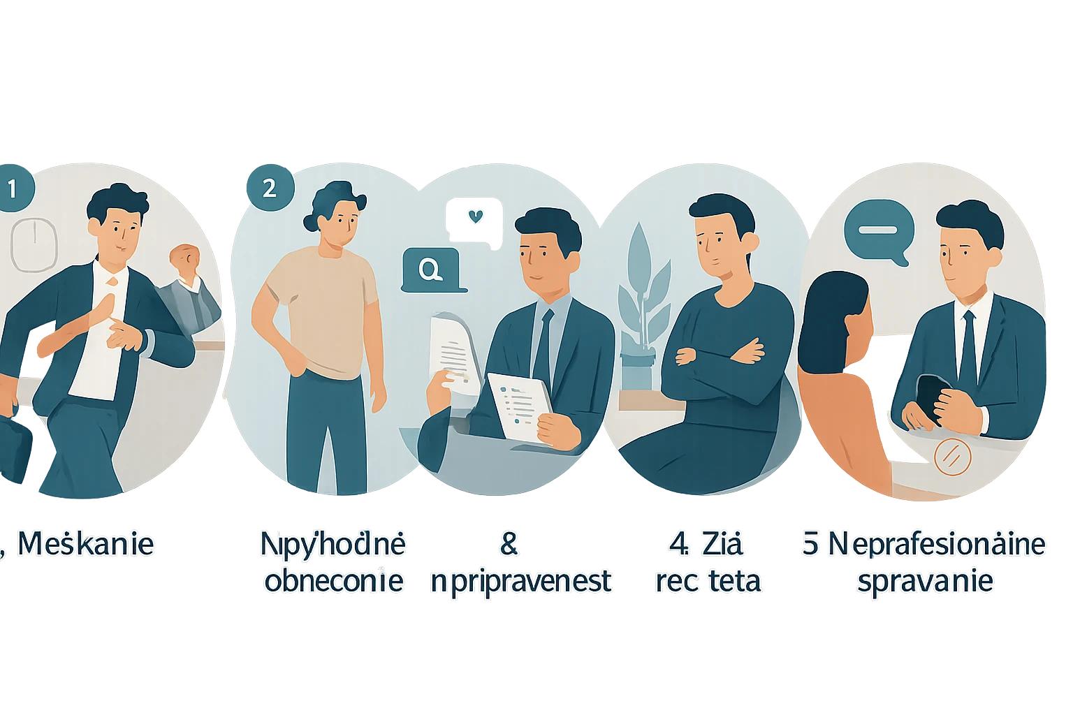 Ilustrácia znázorňujúca rôzne situácie v pracovnom prostredí, ako meškanie a nepripravenosť.