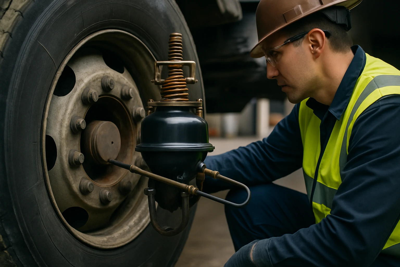 Mechanik kontroluje brzdový systém vozidla pri kolesách.