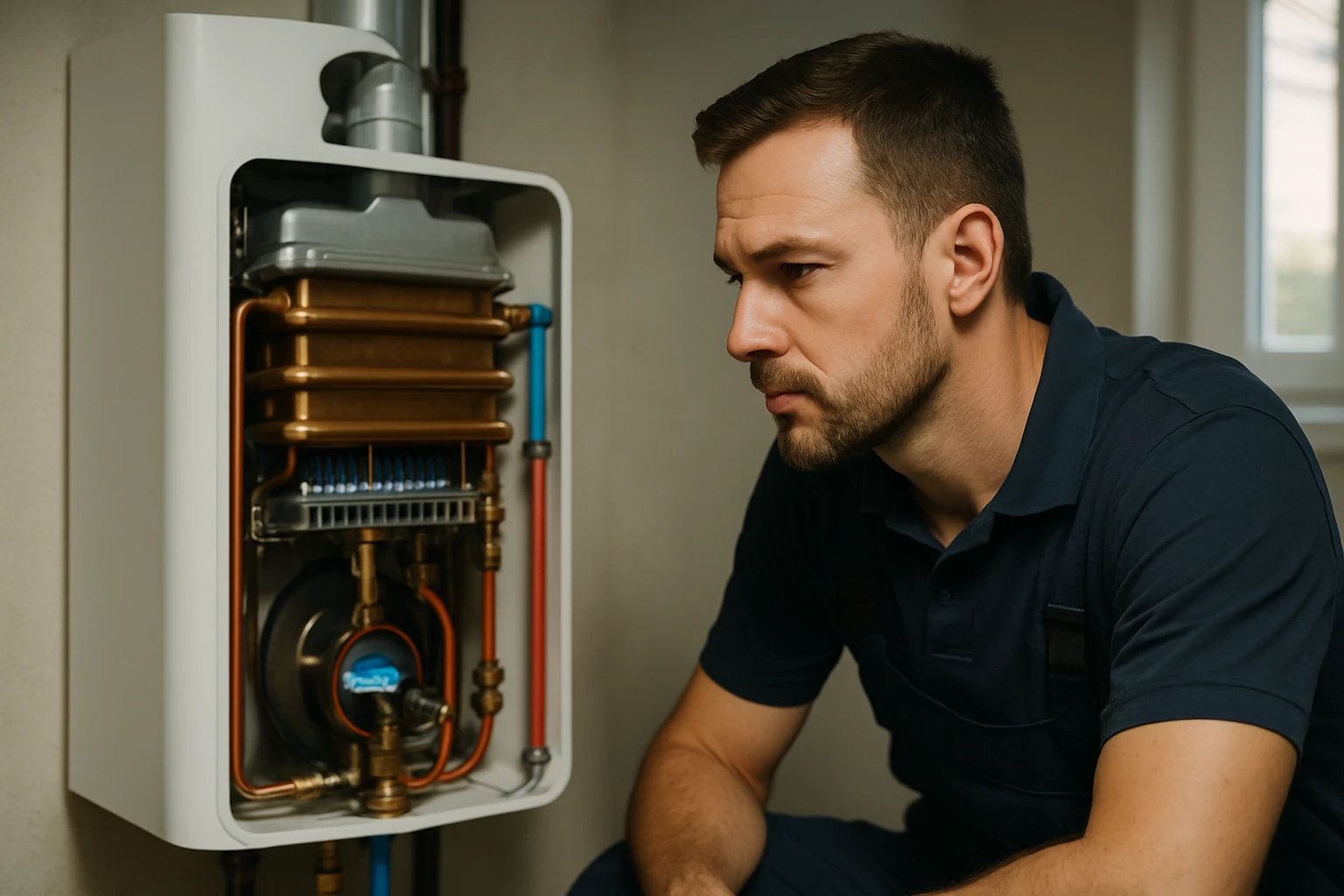 Muž kontroluje moderný kotol s medenými trubkami a modrým plameňom.