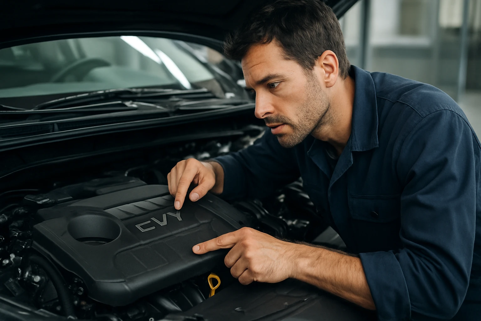 Muž kontroluje motor auta, sústredene ukazuje na kryt motora.