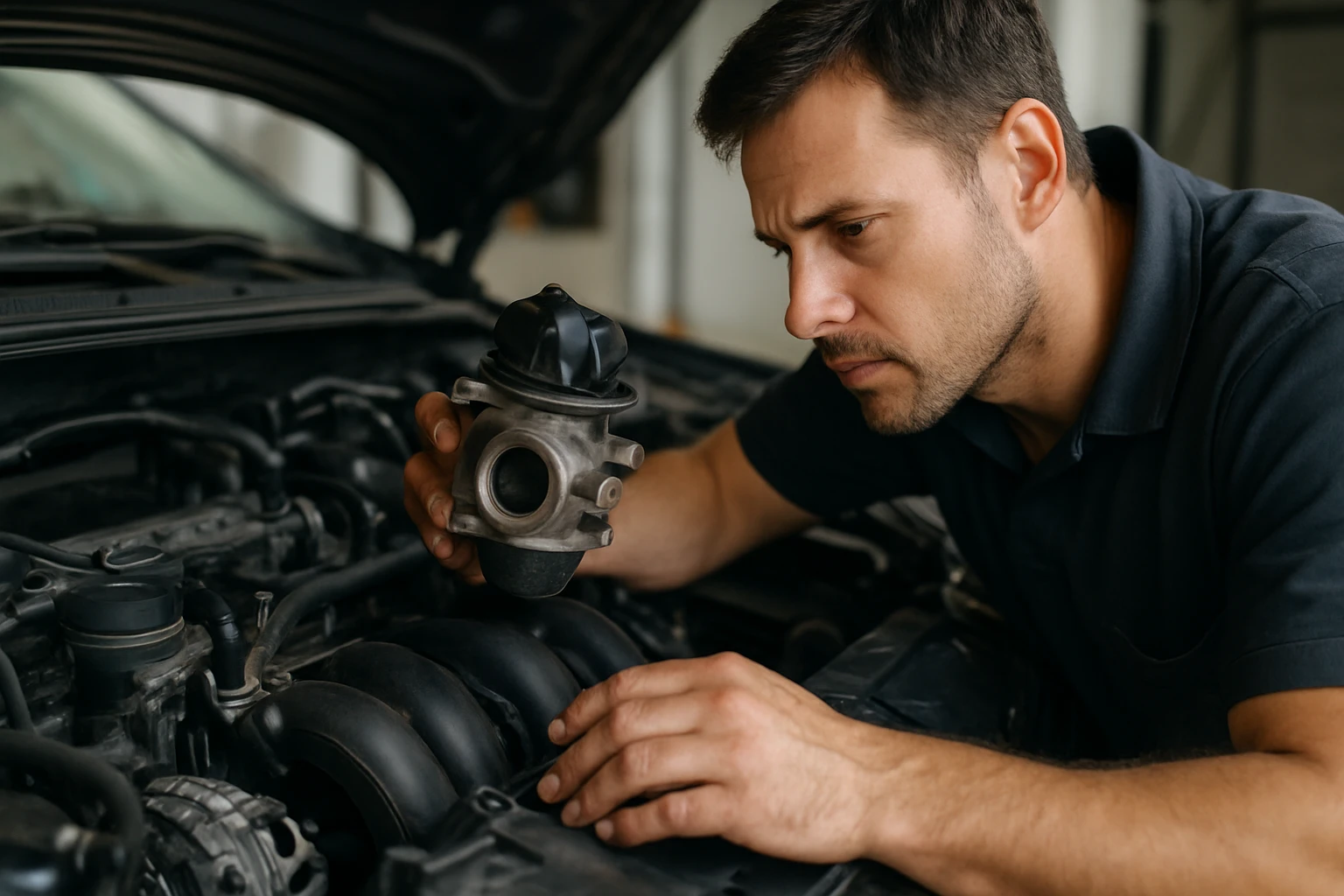 Muž kontroluje motorový diel v automobile, sústredene sa pozerá na súčiastku.