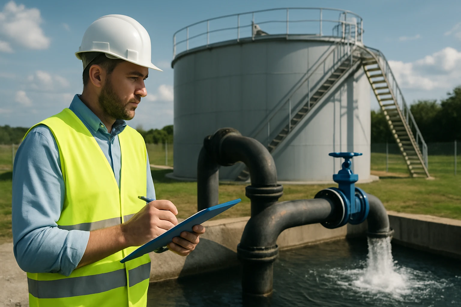 Muž v ochranných vestách a helme kontroluje zariadenie na čistenie vody.