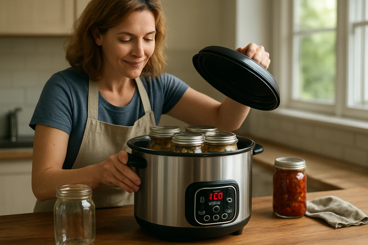 Žena otvára tlakový hrniec s pohármi na konzervovanie v kuchyni.