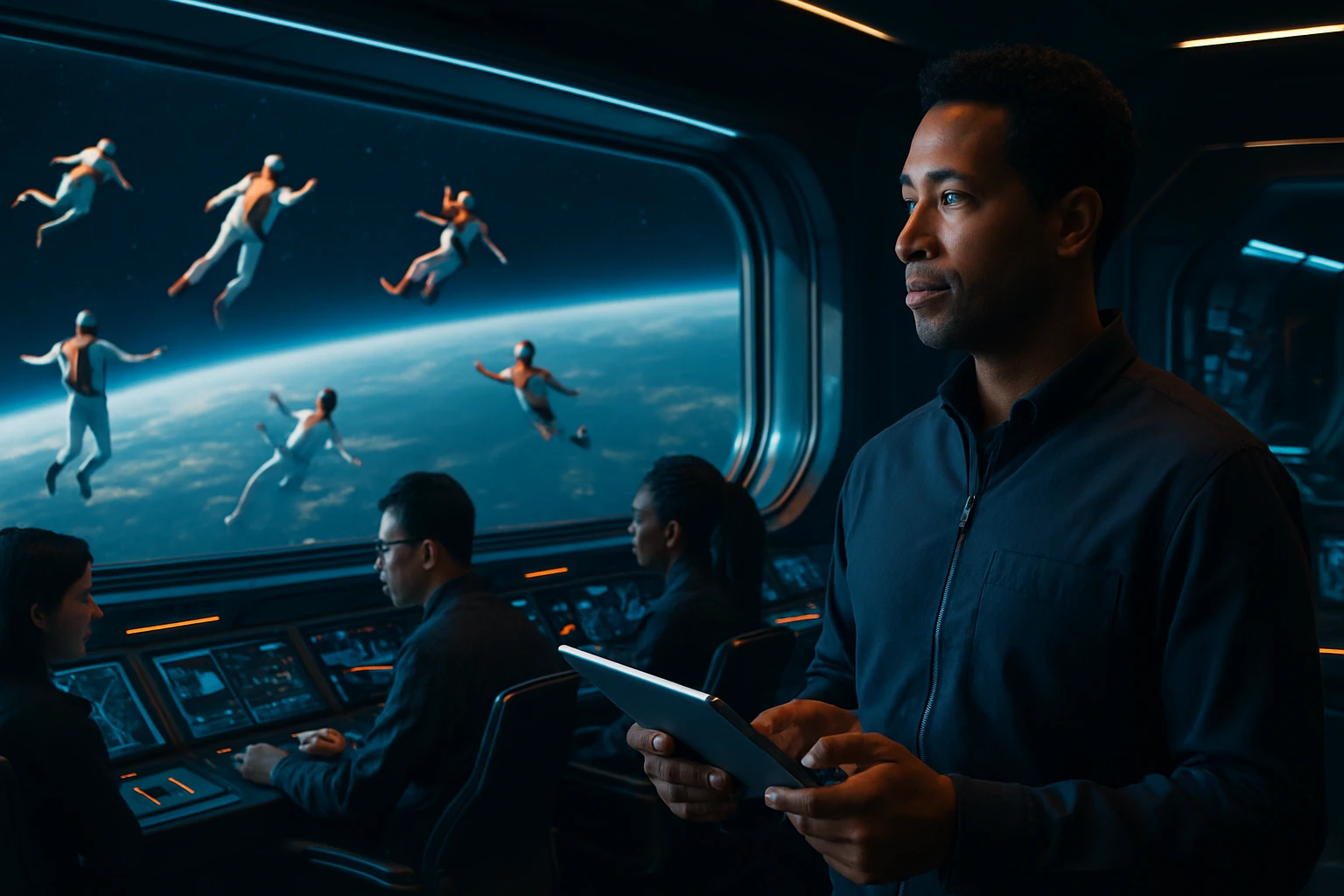 Muž v kozmickej lodi sleduje astronautov plávajúcich vo vesmíre.