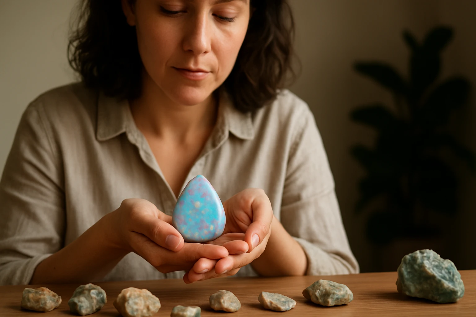 Žena drží modrý kameň v tvare kvapky, okolo sú rôzne kamene.