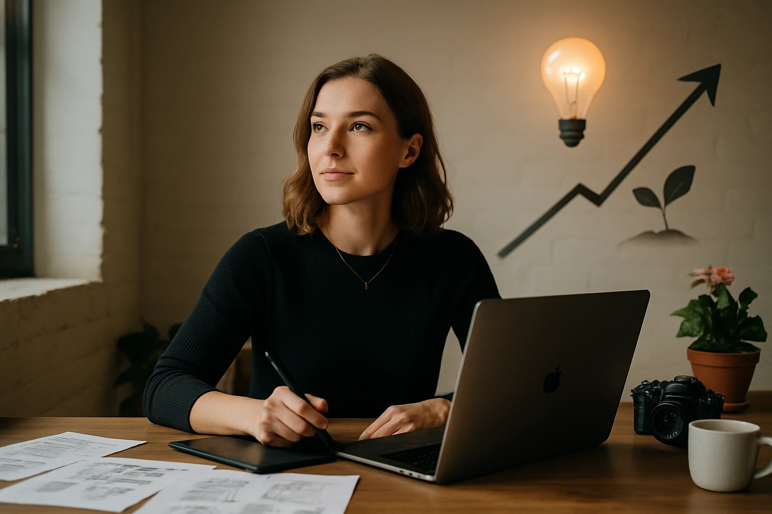 Žena sedí pri stole, píše na tablete a pozerá sa von oknom.