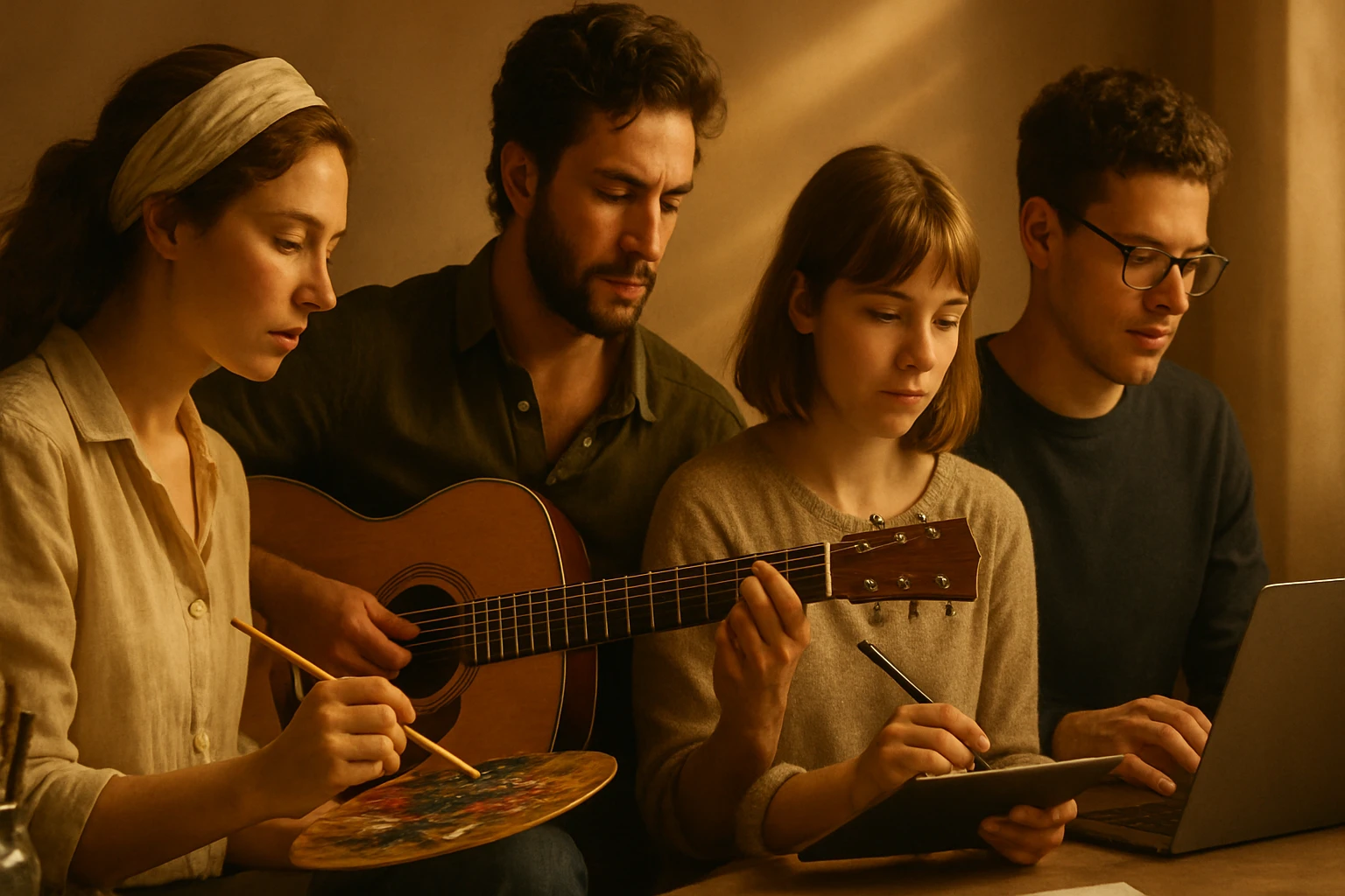 Skupina štyroch mladých ľudí sa venuje kreatívnym aktivitám v útulnom prostredí.