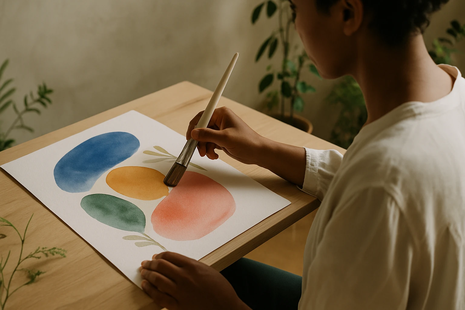 Osoba maľuje farebné abstraktné tvary na papieri s akvarelovými farbami.