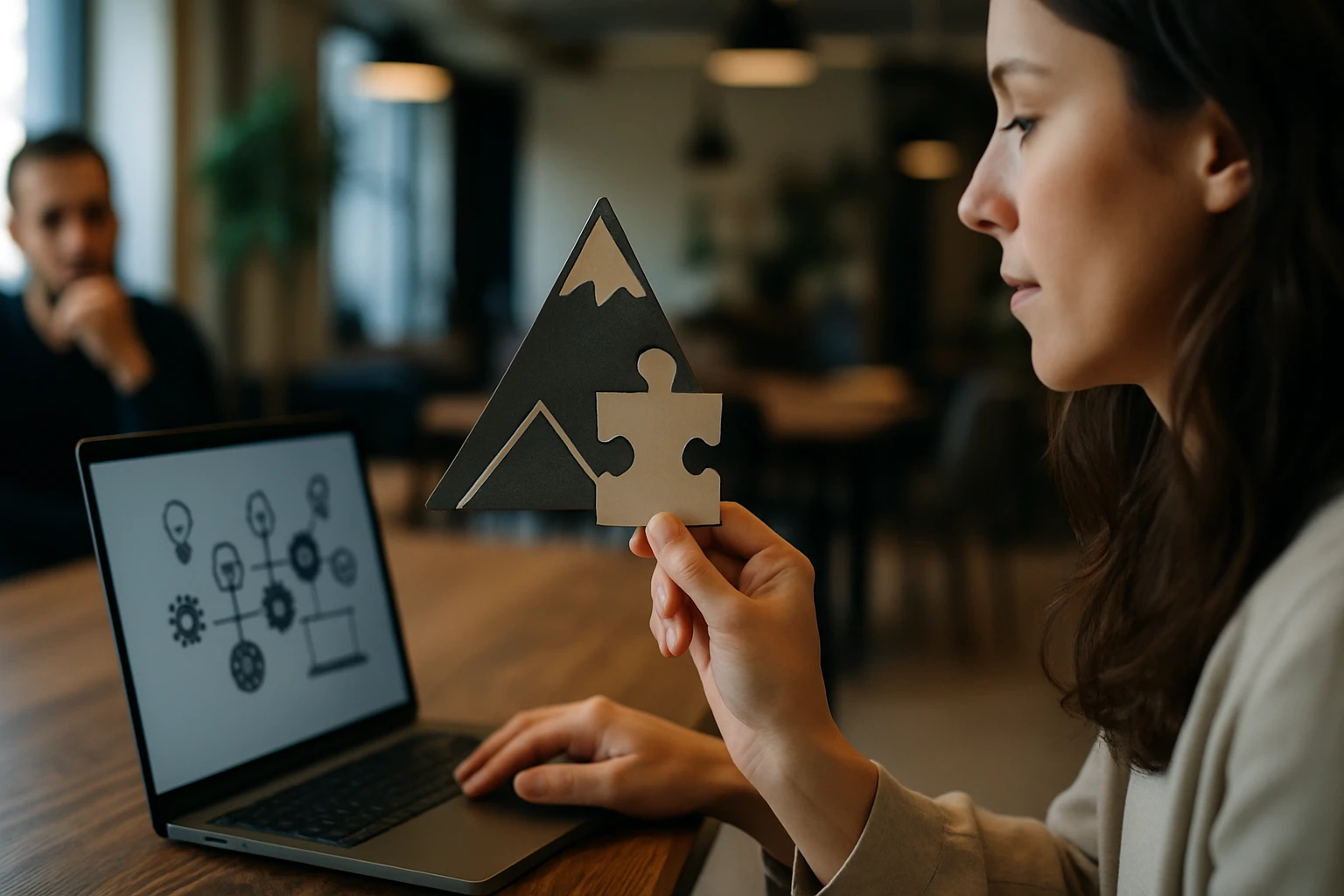 Žena drží papierový model hory a puzzle pred laptopom s grafmi.