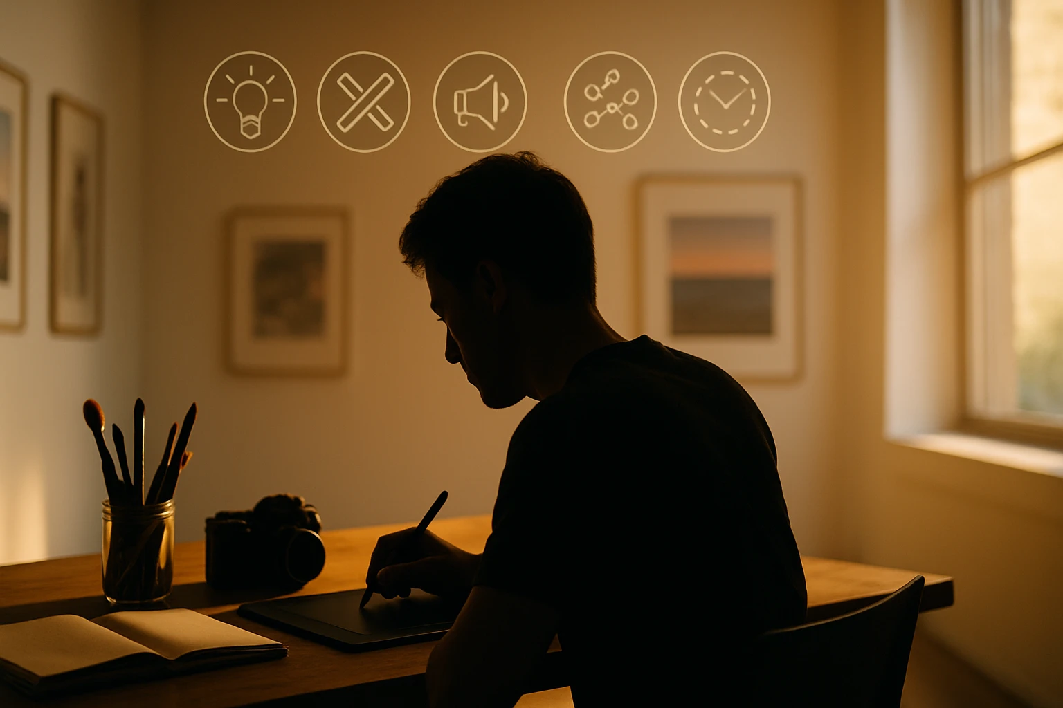 Mladý muž kreslí na digitálnom tablete pri stole s fotoaparátom a štetcom.