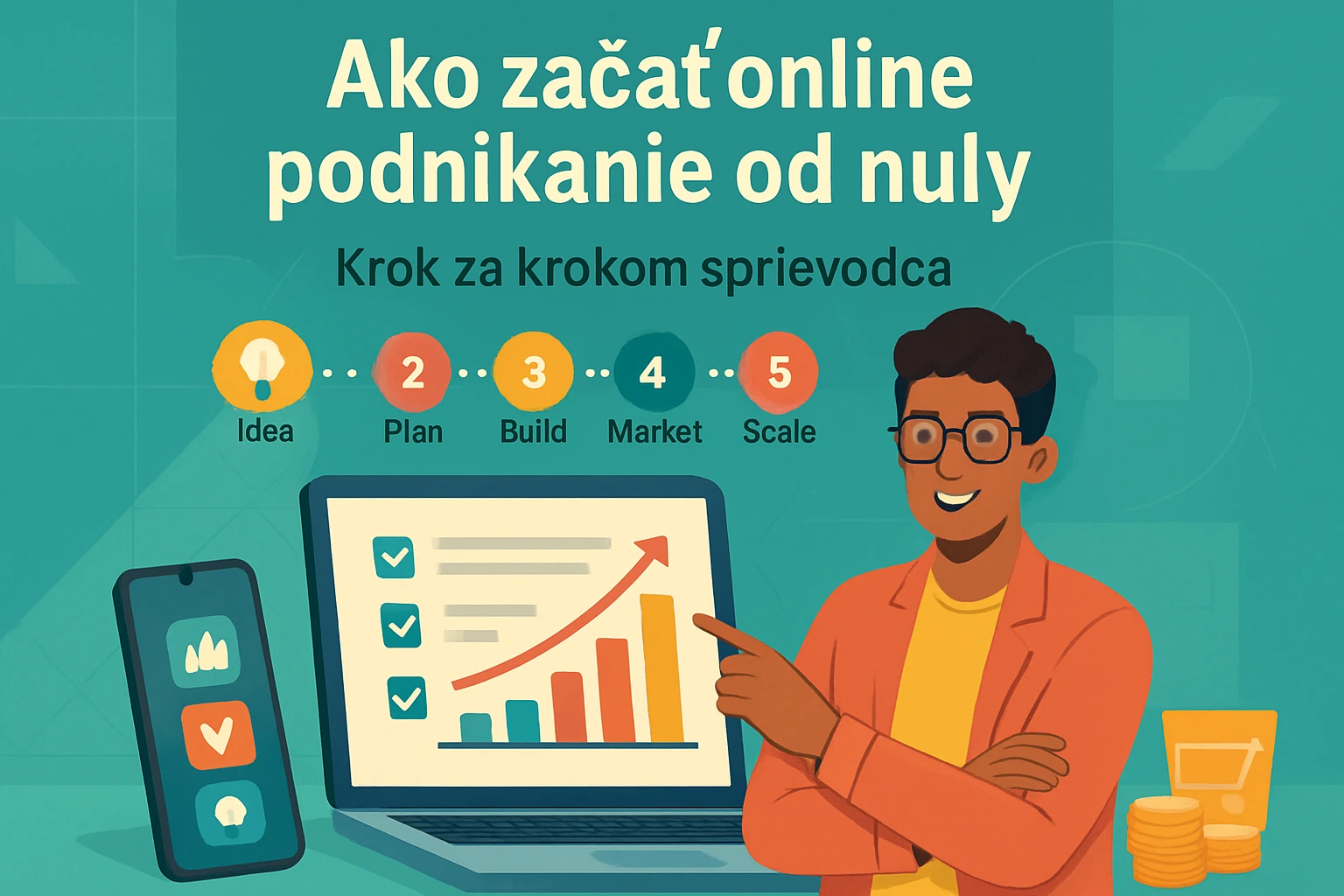 Ilustrácia muža, ktorý ukazuje na rastúci graf na obrazovke počítača.