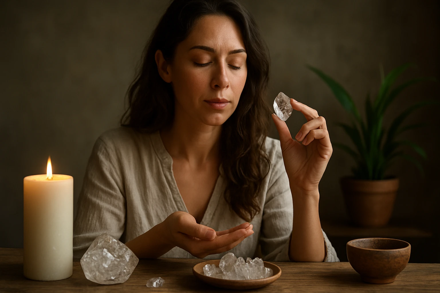 Žena s dlhými vlasmi drží kryštál a zamyslene sa pozerá na neho.