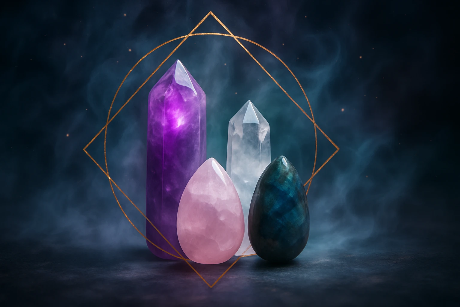 Štyri rôzne kryštály v rôznych farbách a tvaroch na tmavom pozadí.