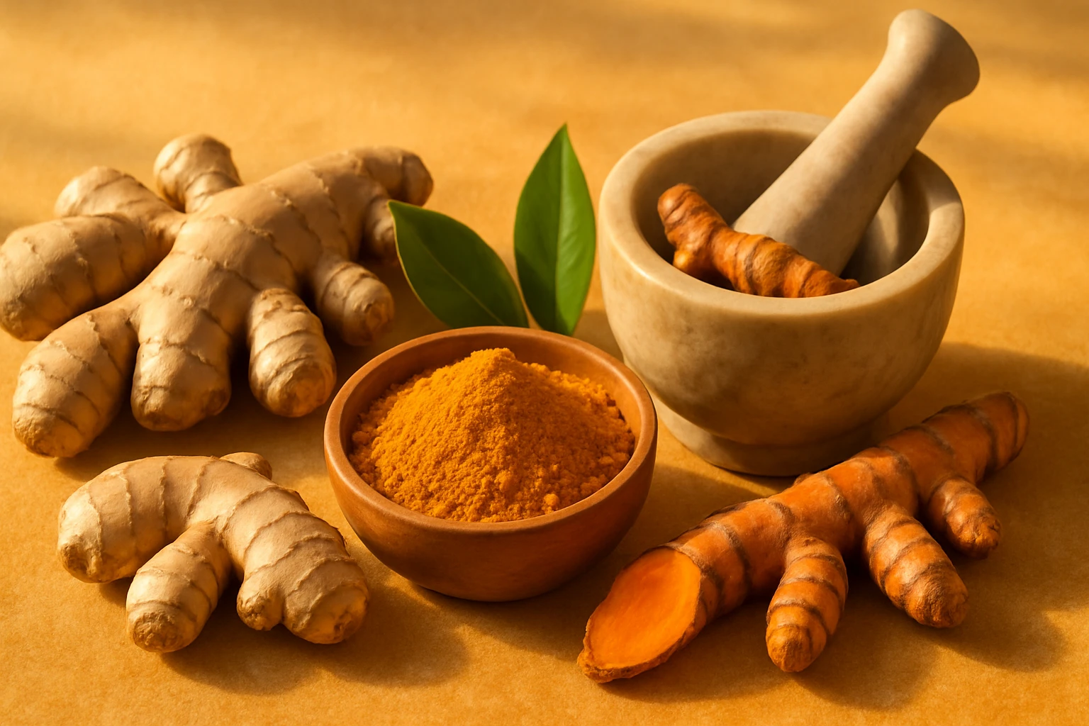 Korenie kurkuma a čerstvý zázvor vedľa misky s kurkumovým práškom.