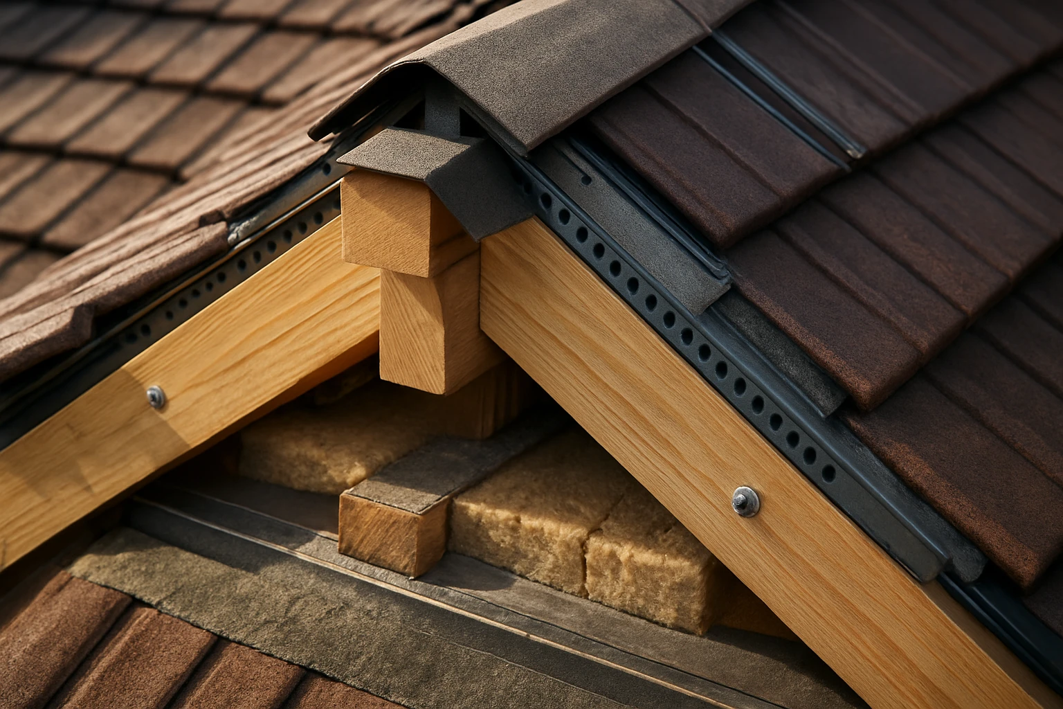 Detailný pohľad na strešnú konštrukciu s drevenými prvkami a šindľami.