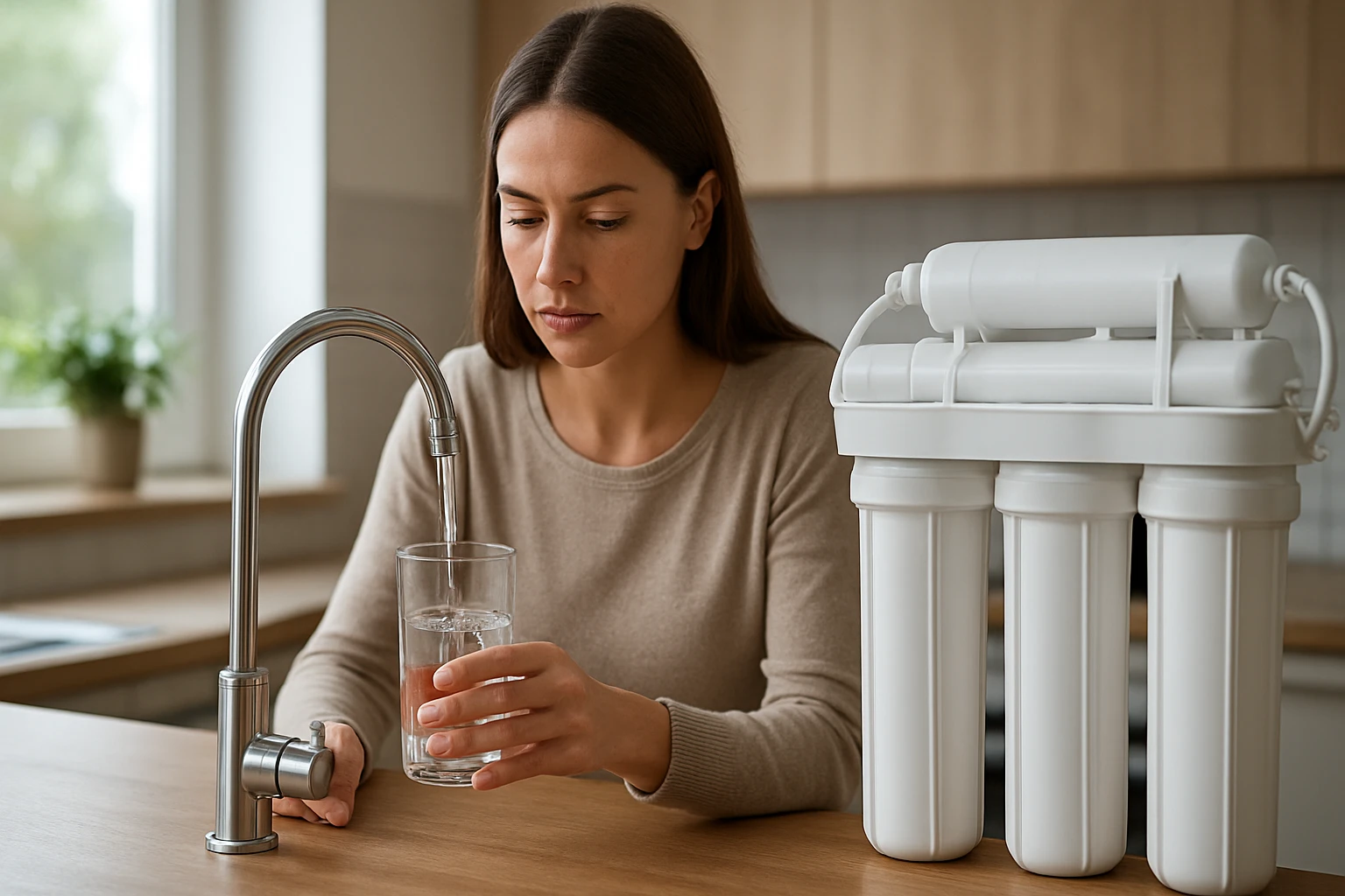 Žena nalieva vodu do pohára z moderného filtračného systému.