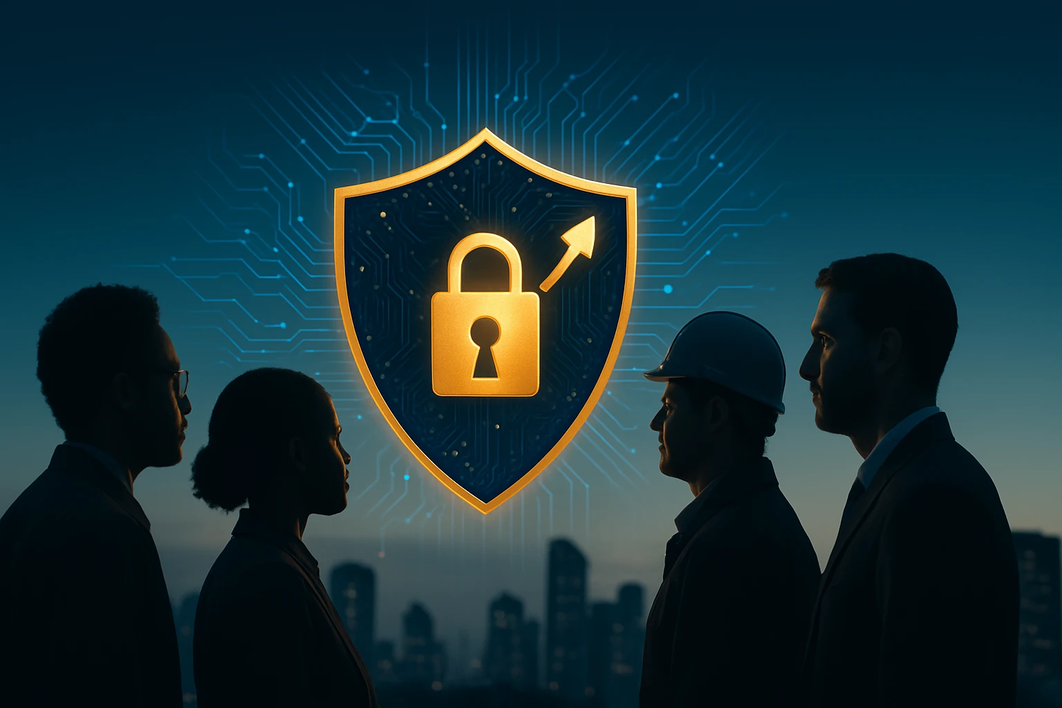 Štyria profesionáli stoja v profile pred symbolom kybernetickej bezpečnosti.