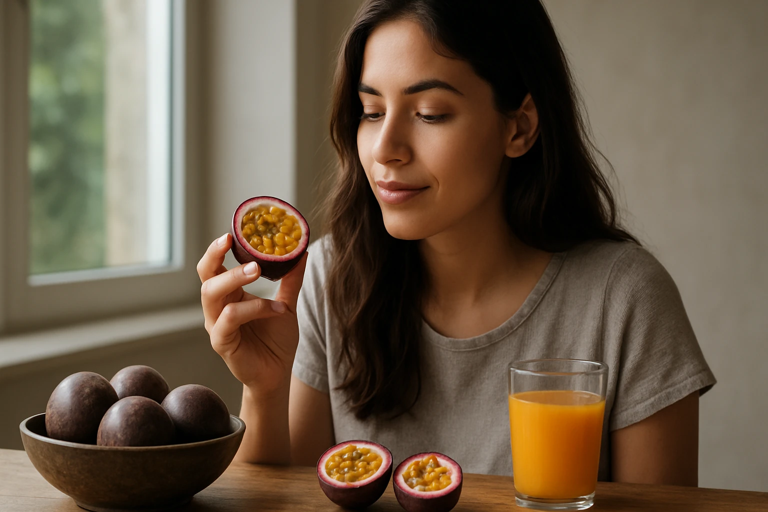Žena drží polovičku marakuje a usmieva sa, vedľa je pohár s džúsom.