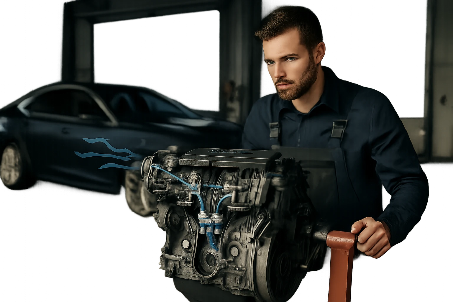 Mladý mechanik pracuje na automobilovom motore v dielni.