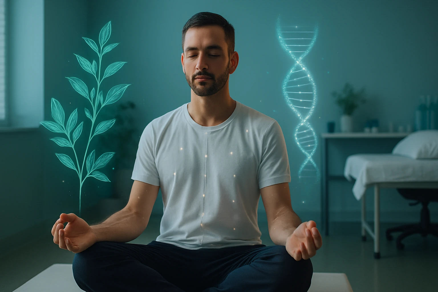 Muž meditujúci s vizualizáciou rastliny a DNA v pozadí.