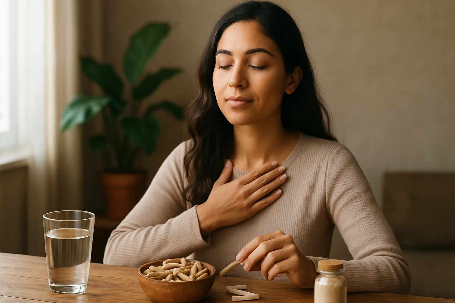 Žena s dlhými vlasmi sedí pri stole, meditujúc a drží ruku na hrudi.