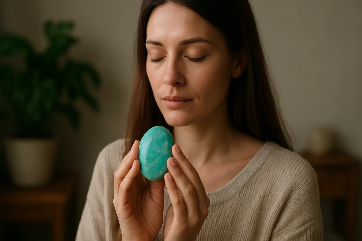 Žena s dlhými vlasmi drží modrozelené vajíčko a zamyslene sa naň pozerá.