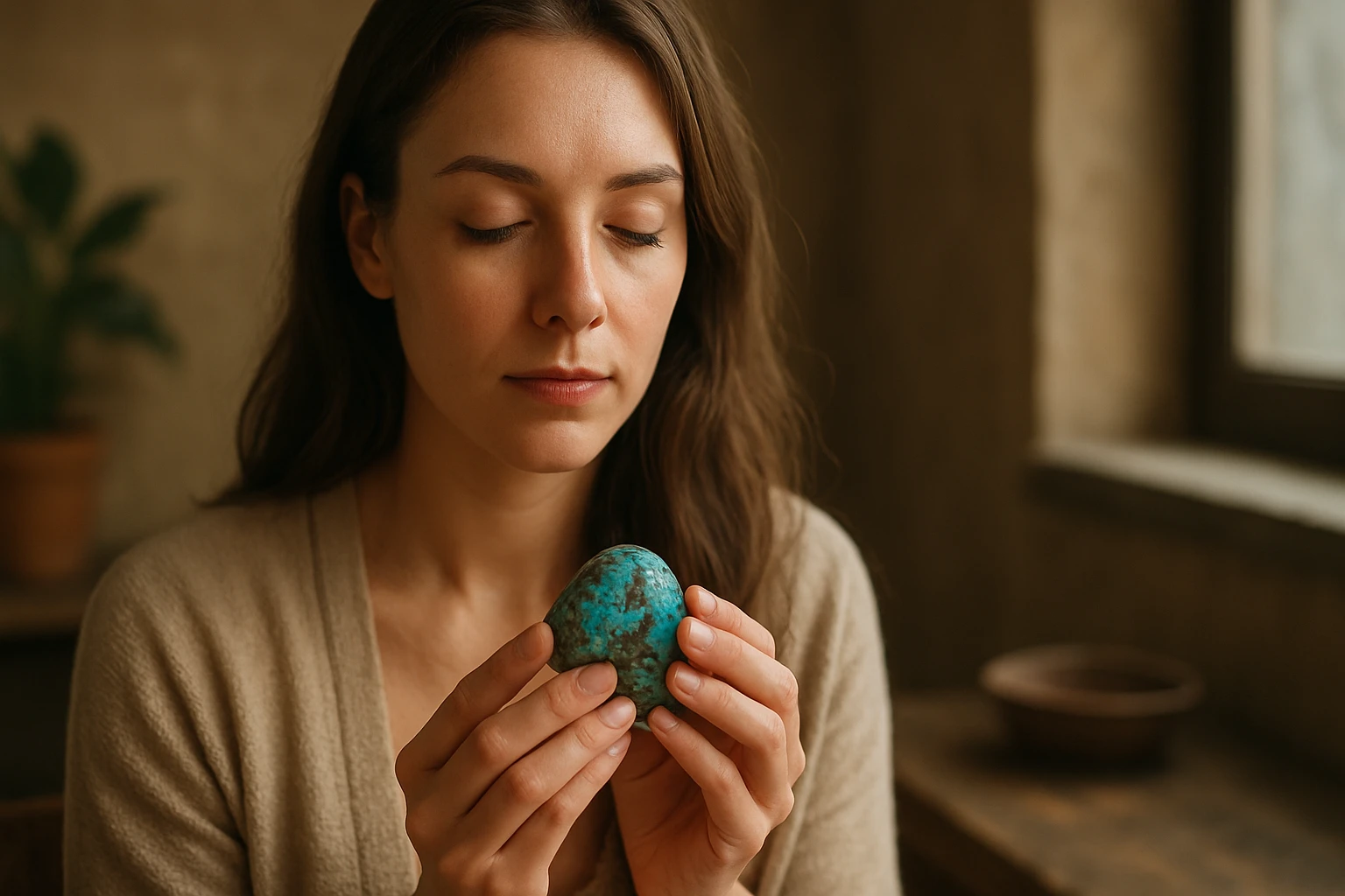 Žena s dlhými vlasmi drží modrozelený kameň v rukách, zatvorenými očami.