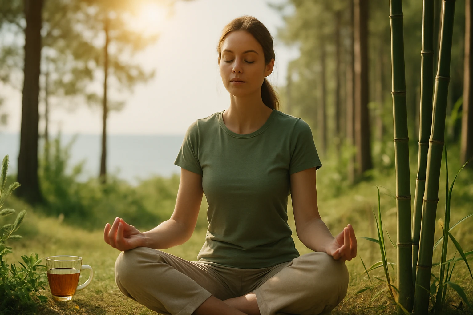 Žena v zelenom tričku meditujúca v prírode s pohárom čaju vedľa seba.