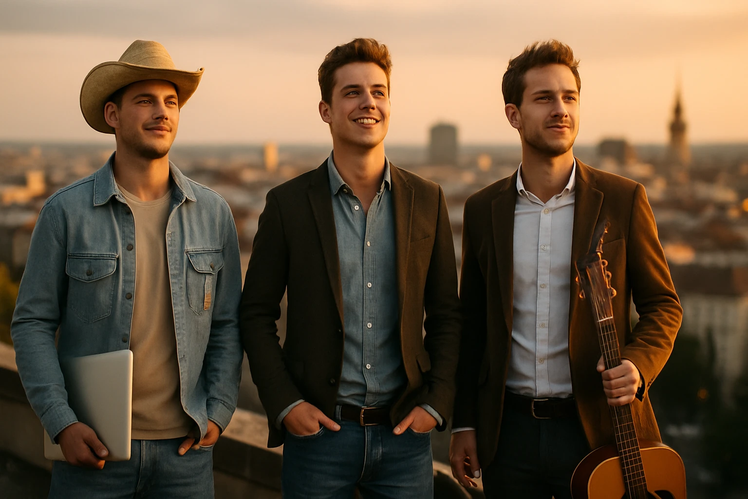 Traja mladí muži v elegantnom oblečení a klobúku, stojaci na streche s mestským pozadím.