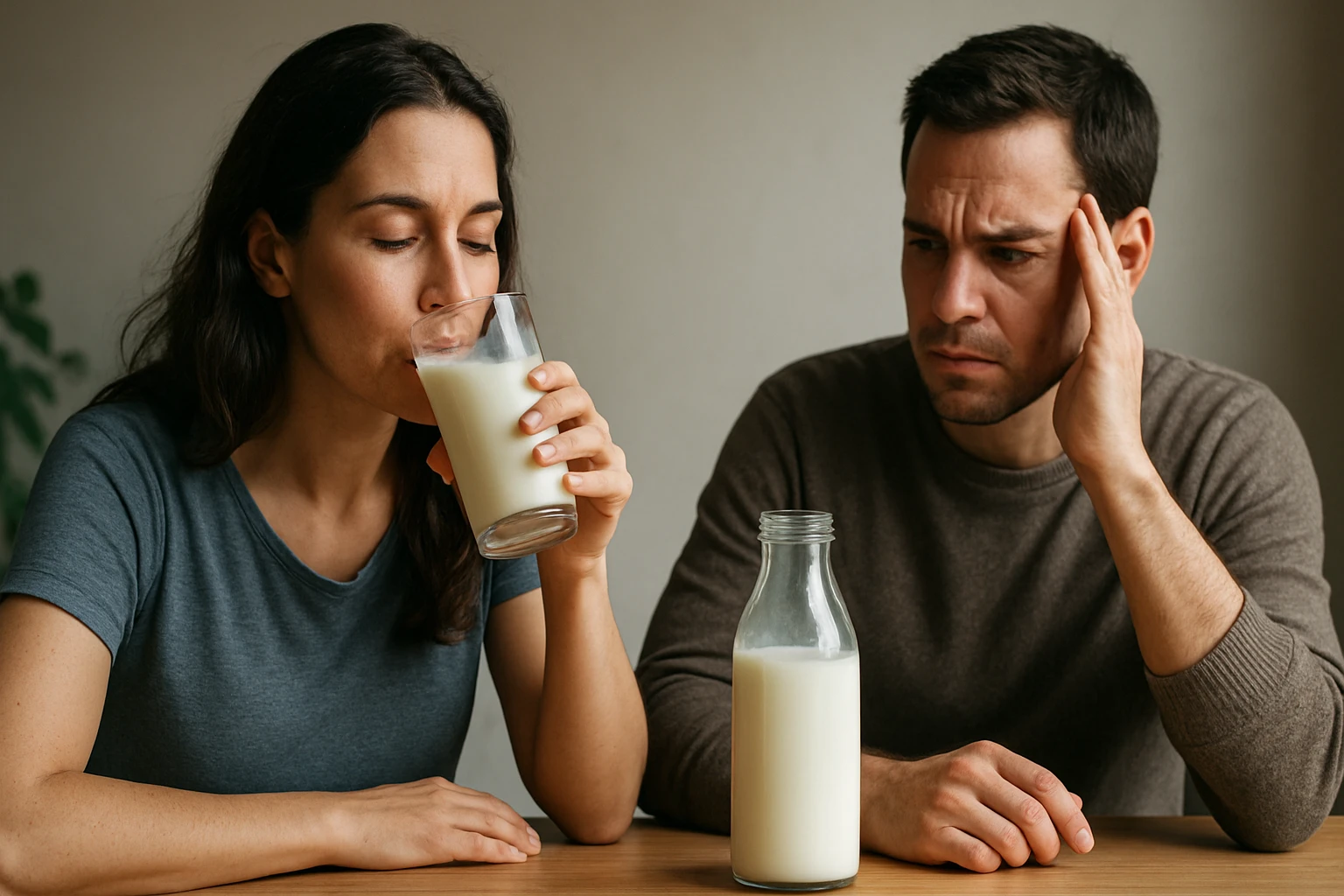 Žena pije mlieko z pohára, muž sedí vedľa a vyzerá znepokojene.