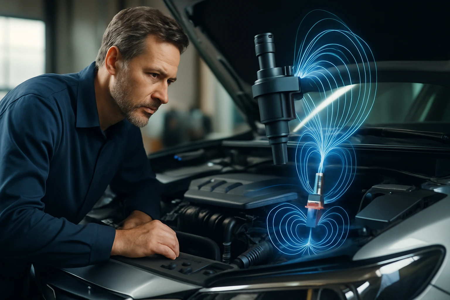 Mechanik skúma motor vozidla s moderným diagnostickým prístrojom.