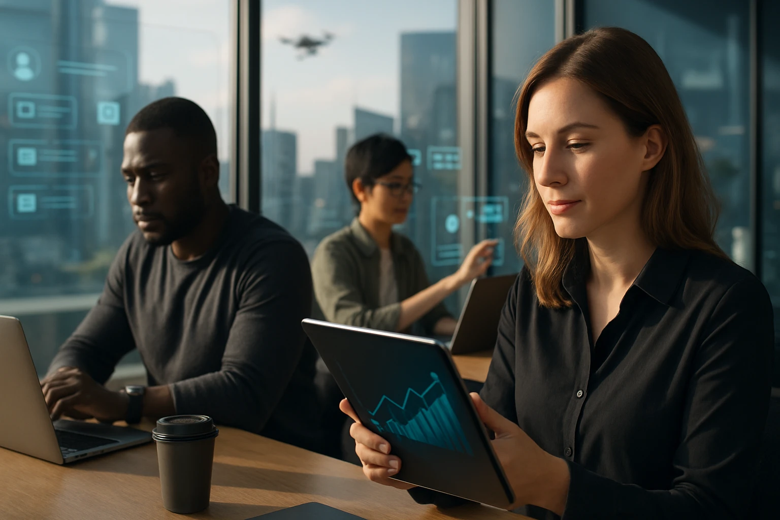 Žena v čiernej blúzke sleduje grafy na tablete v modernom kancelárskom prostredí.