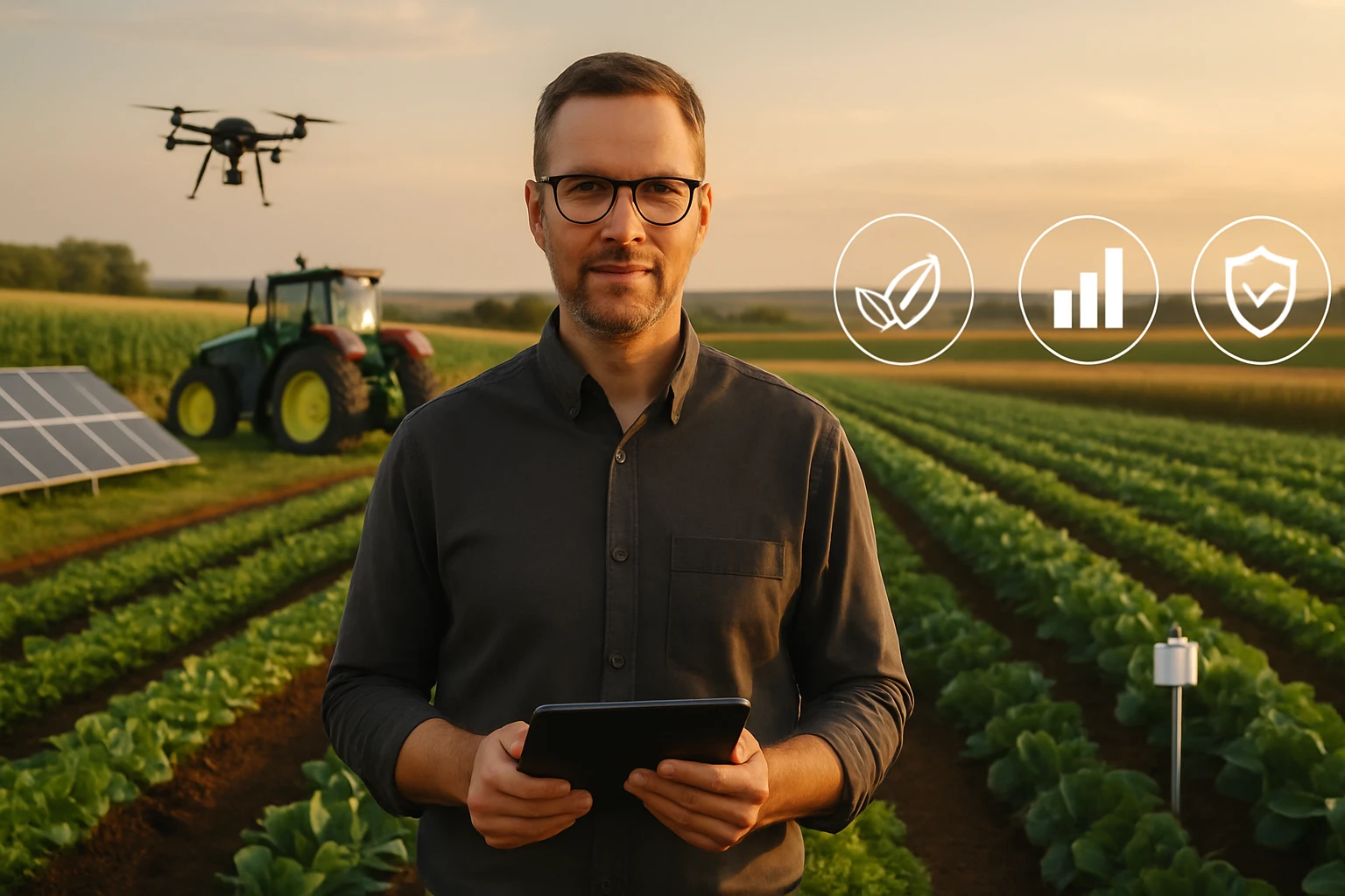 Muž s tabletom stojí na poli s plodinami, dron a traktor v pozadí.