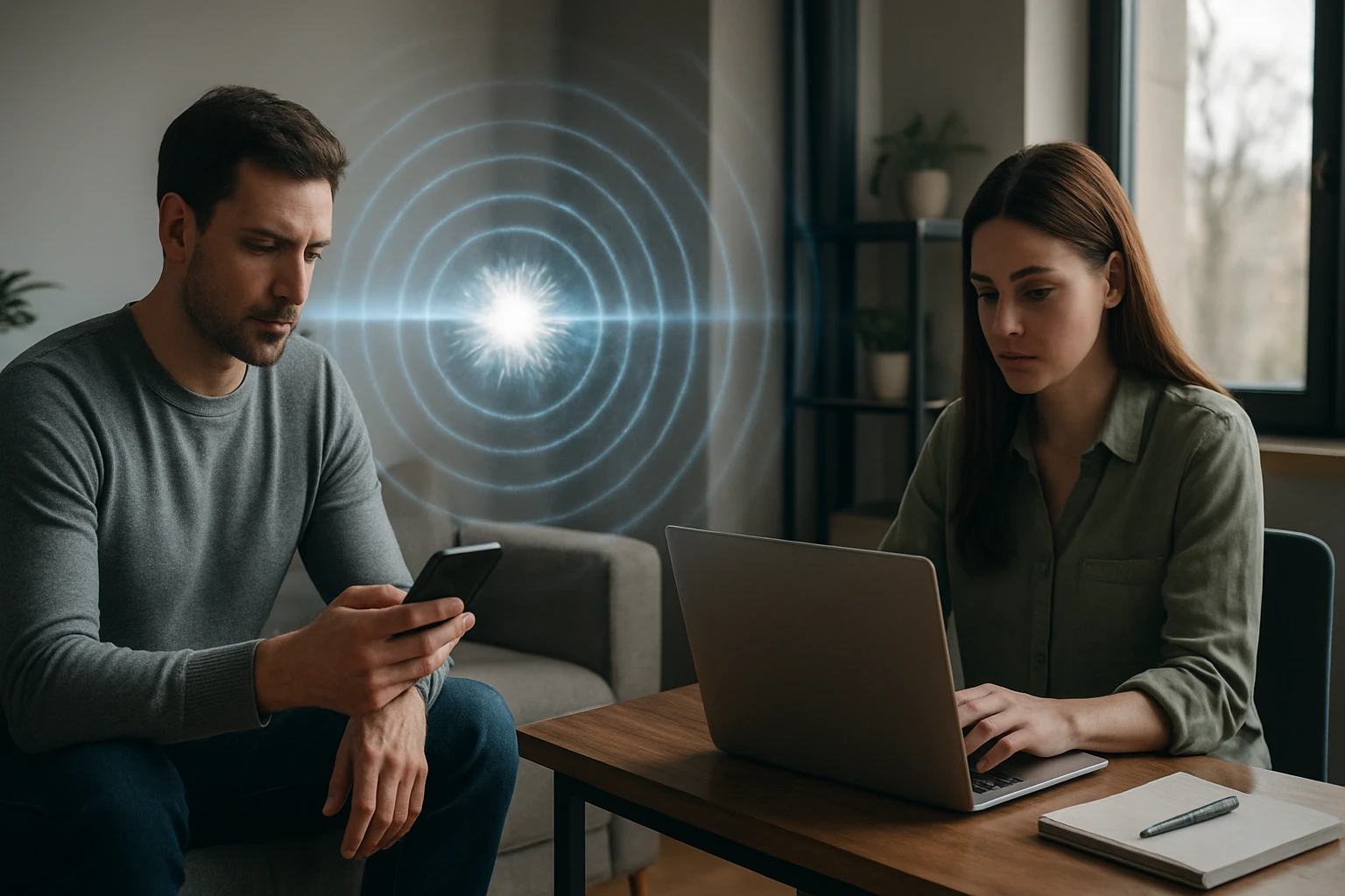 Muž sedí na pohovke a mobilom sleduje niečo, zatiaľ čo žena pracuje na laptopu.