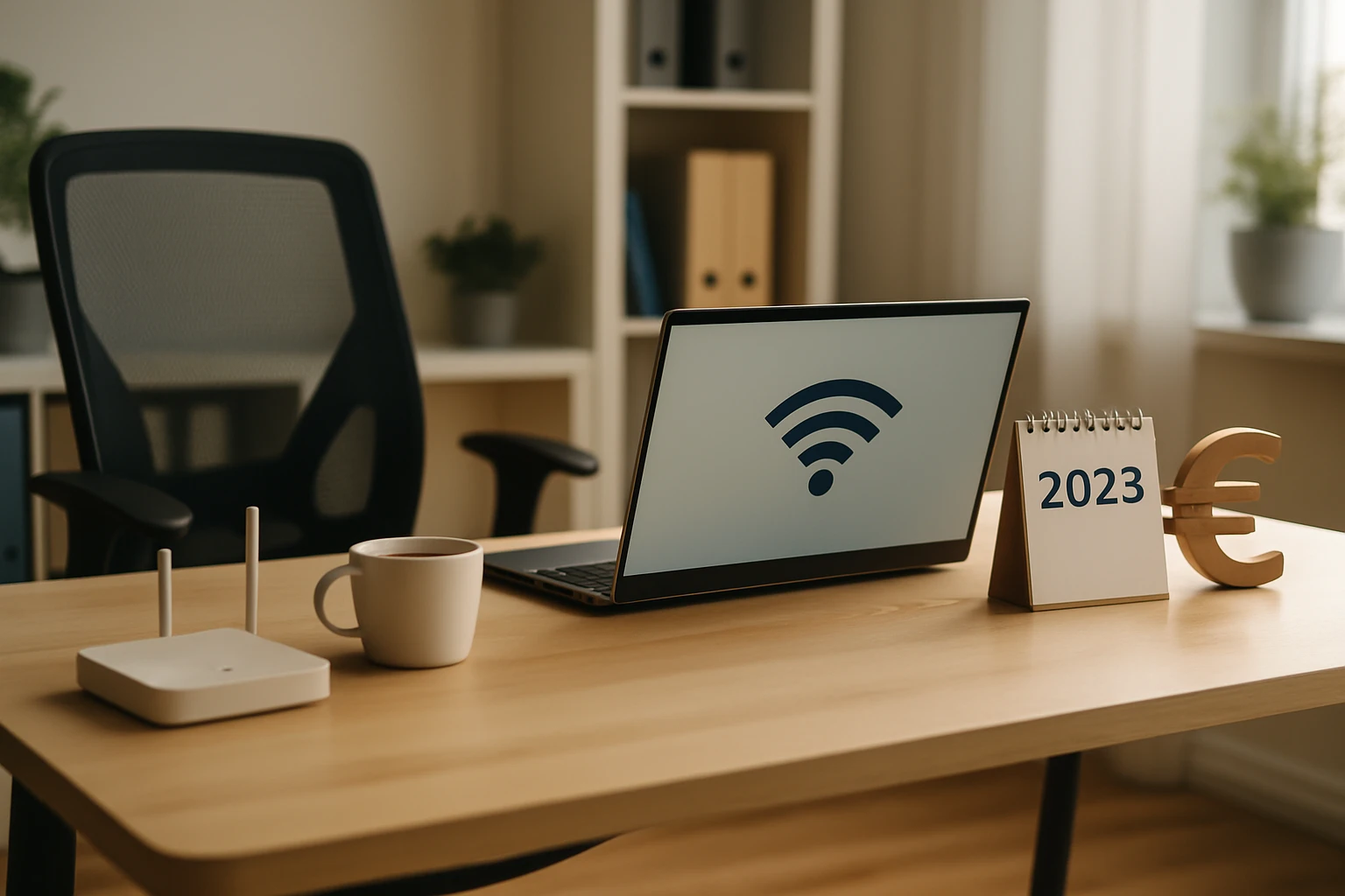Na stole je laptop s ikonou Wi-Fi, šálka kávy a kalendár na rok 2023.