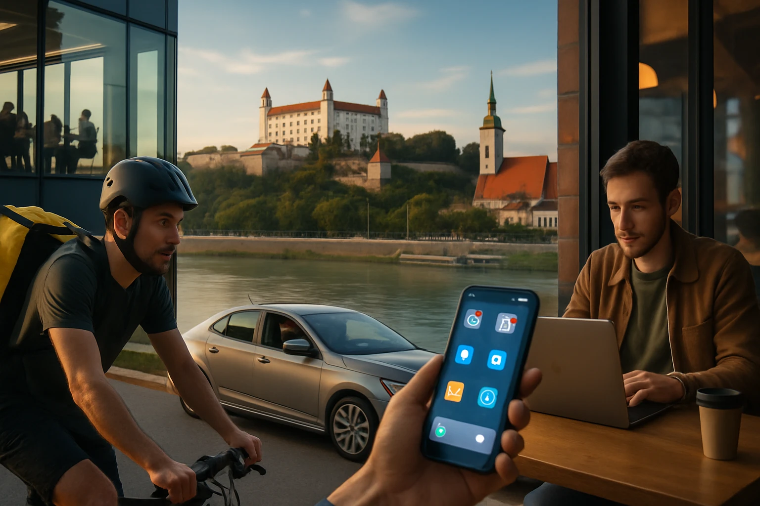 Muž na bicykli s batohom prechádza okolo rieky, v pozadí Bratislavský hrad.