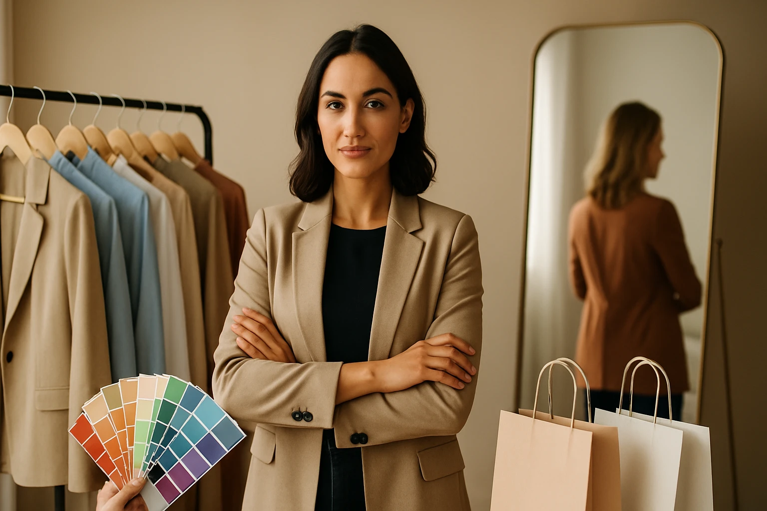 Žena v béžovom saku s prekríženými rukami stojí pred zrkadlom.